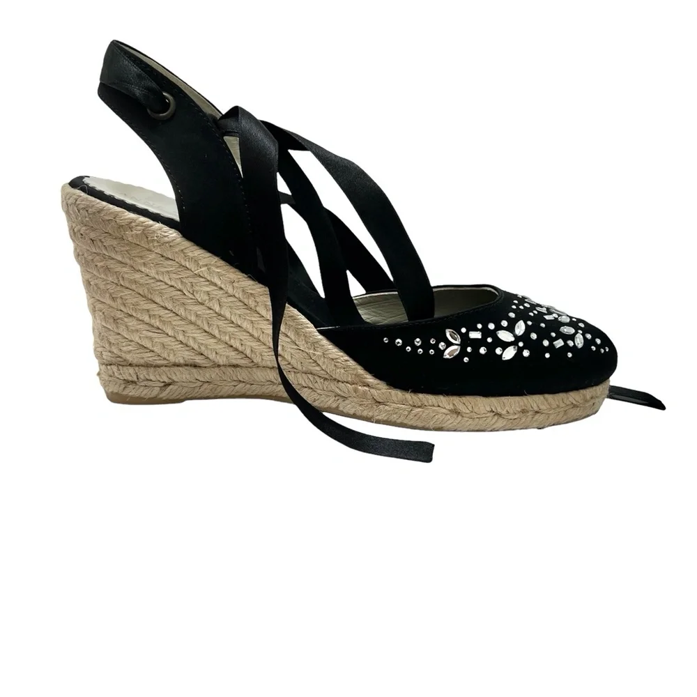 ANNE KLEIN BLACK SATIN WEDGE PEEP TOE ESPADRILLES W SATIN ANKLE WRAP & CRYSTALS